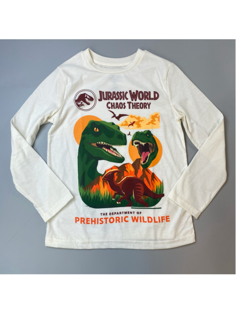 Jurassic World Shirt Long Sleeve Tee KIDS 7 Cream Green Orange Tag Free Dinosaur